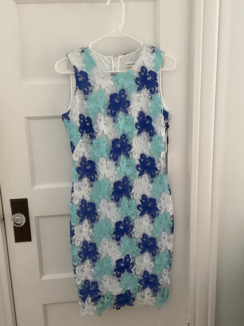 Calvin Klein White Dress with Aqua & Royal Blue Lace Appliqué Size 6